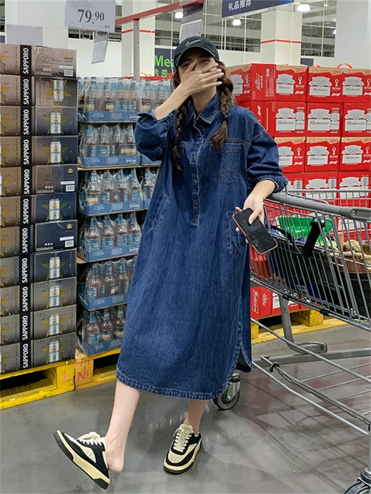 

Long Sleeve Lapel Casual Straight Denim Dress for Women 2022 Autumn Vintage Elegant Korean Style Loose Blue Cowboy Dresses 5017