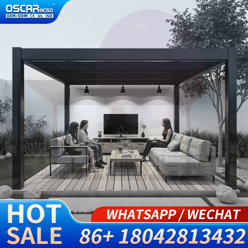 Gazebo Bioclimático Automático 2024 con Control Remoto, Estructura de Madera Tratada a Presión Resistente a la Lluvia para Jardín, Patio y Terraza