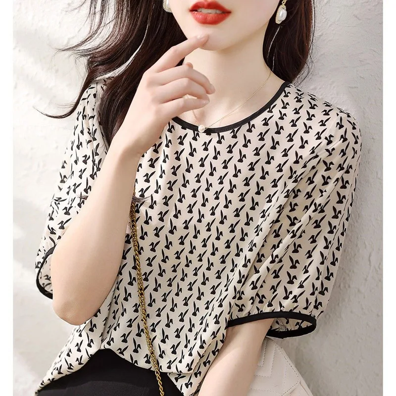 Summer Printing Loose Blouse Women High Quality Short Sleeve O-collar Casual All-match Temperament Lady Pullover Chiffon Shirt