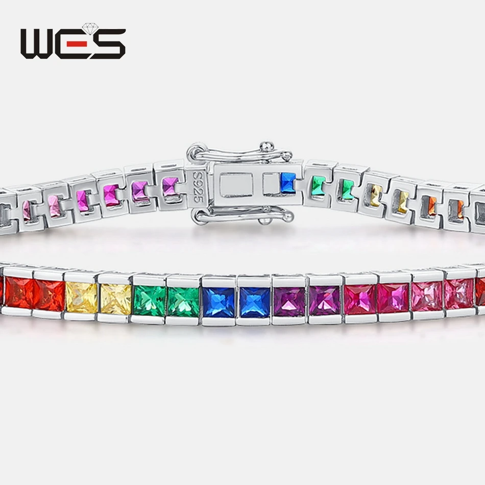 WES 925 Sterling Silver CZ Bracelet for Women Rainbow Cubic Zicron 2.5*2.5mm Elegant Fashion Engagement Gift Fine Jewelry