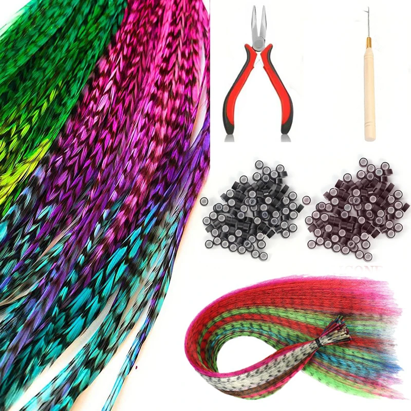

10 colorful leopard print feather hair extension sticks are used to attach fake hair pieces