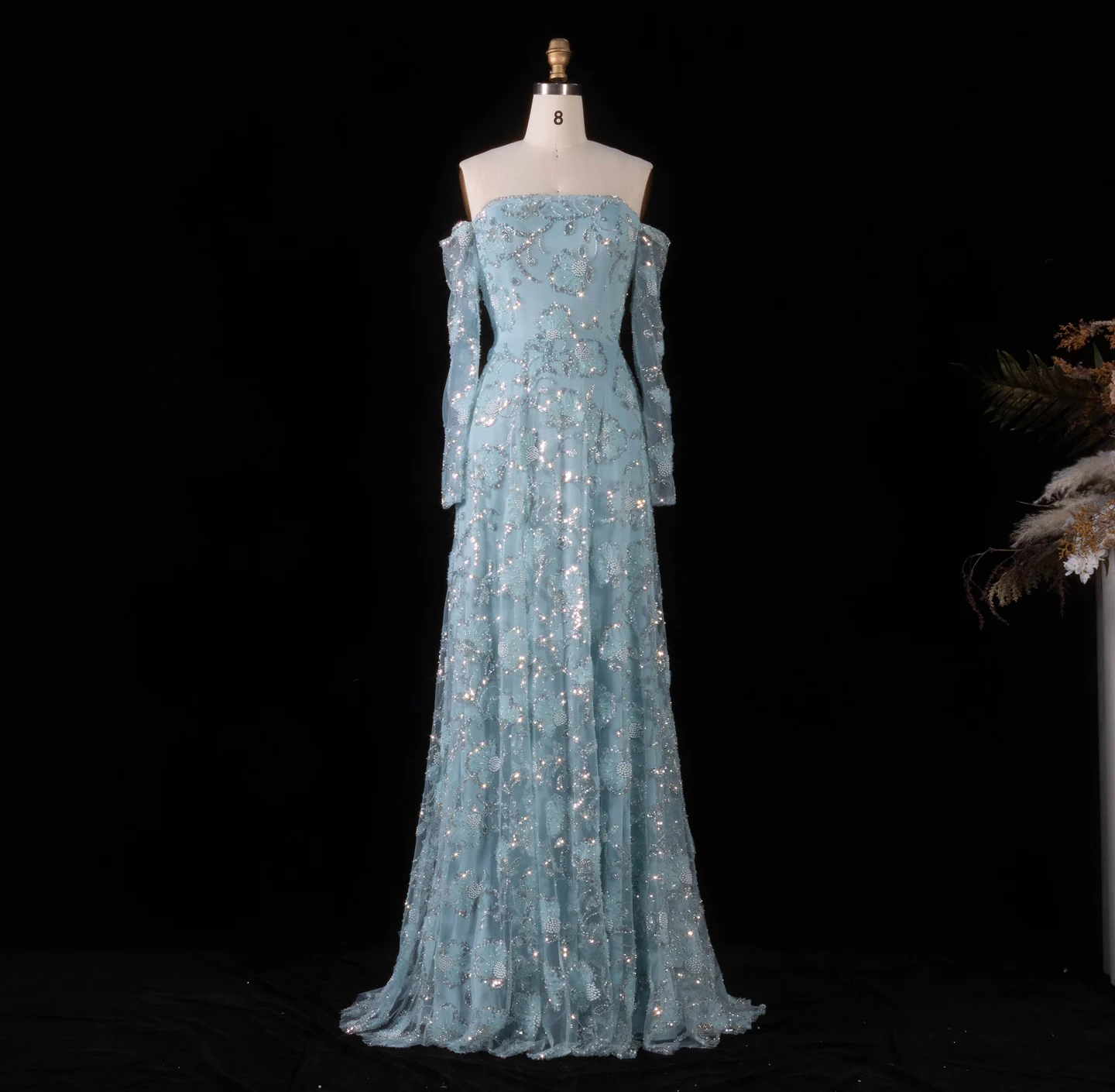 Sharon Said Rosa Elegantes Schulterfreies Abendkleid mit Langen Ärmeln für Damen, Hochzeit, Perlenbesetztes Formelles Ballkleid, SS638 Maßanfertigung – Detail 11