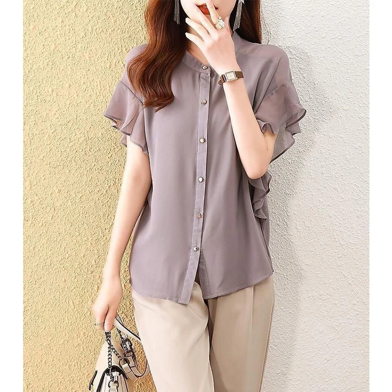 Summer Elegant Fashion Solid Color Flying Sleeve Shirt Female Loose Casual All-match Cardigan Top Women All-match Chiffon Blouse