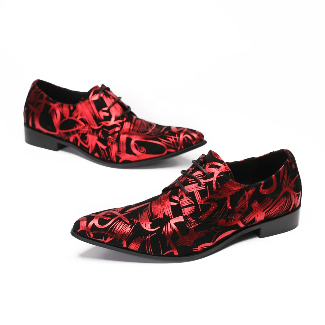 Fashion Red Print Genuine Leather Oxford Shoes for Men Large Size Pointed Toe Business Brogue Shoes Lace Up Formal Dress Shoes