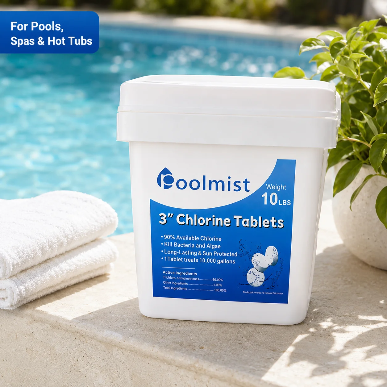 3-Inch Swimming Pool Chlorine Tablets, 10 lb Each, 2 Buckets, 20 lb Total, Pool Water Treatment, US Stock