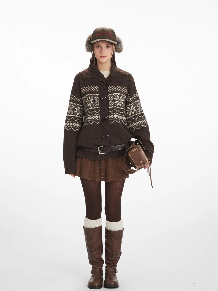 

Vintage Horn Button Thick Cardican Sweaters Coats Designer Knitted Winter Clothes Loose Knitwear for Women Girls Office Ladies