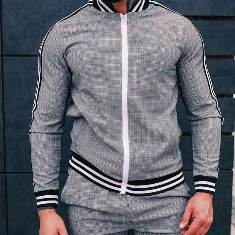 

Men's Casual Sportswear Set Autumn Plaid Zipper irt Jaet Long Pants Two-Piece Cross-Border Faion Comfortable Breathable
