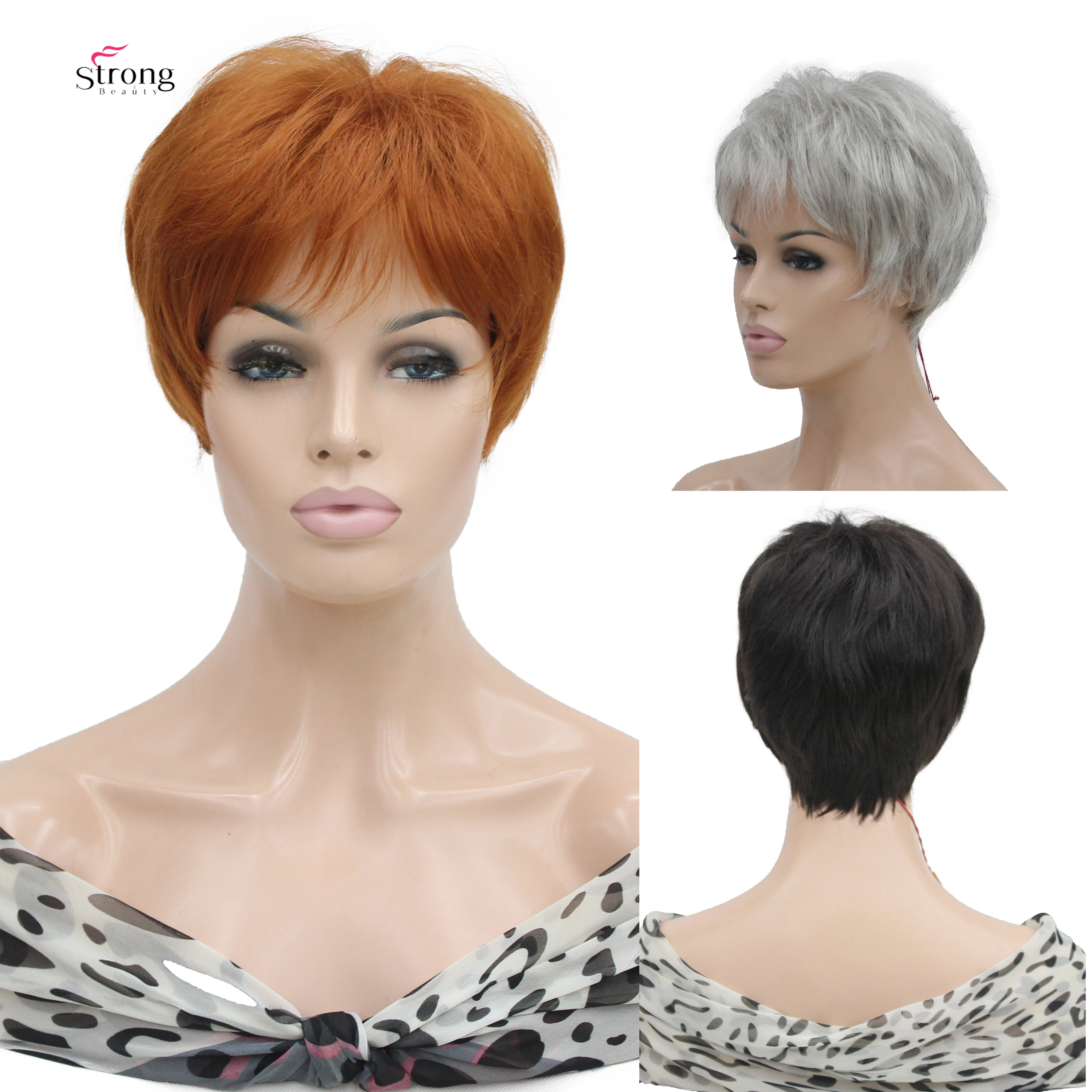 Short Hair Wigs with Bangs Dark Brown Mixed Blonde Pixie Cut Wig for Women Straight Synthetic Fiber Wigs