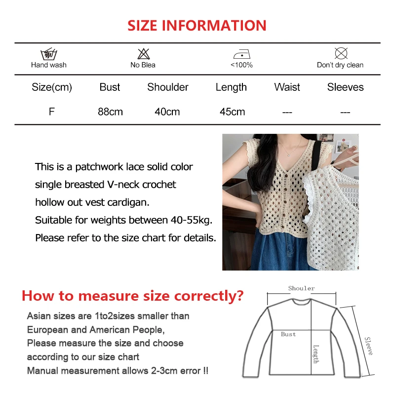 Women Vintage Solid Single Breasted Crochet Vest Patchwork Lace Hollow Out Cardigan Loose Sleeveless V-neck Tank Tops Thin Coat