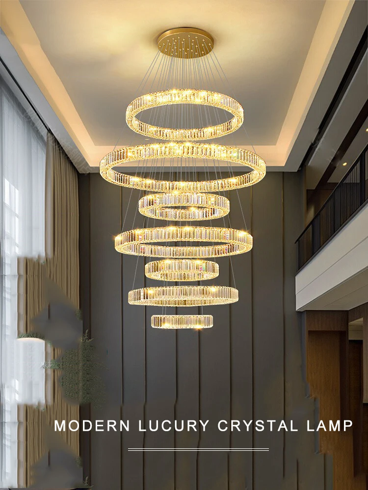 Get This Crystal Circles Chandelier for Stairwell High Ceiling, Gold Postmodern Luxury Chandeliers Long