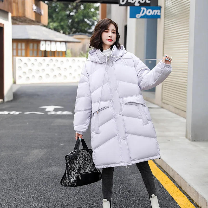 

Women's White Duck Down Hooded Puffer Jacket, Thick Warm Down Jacket, Casual Loose Outerwear, Monochromatic, New Fashion, Winter