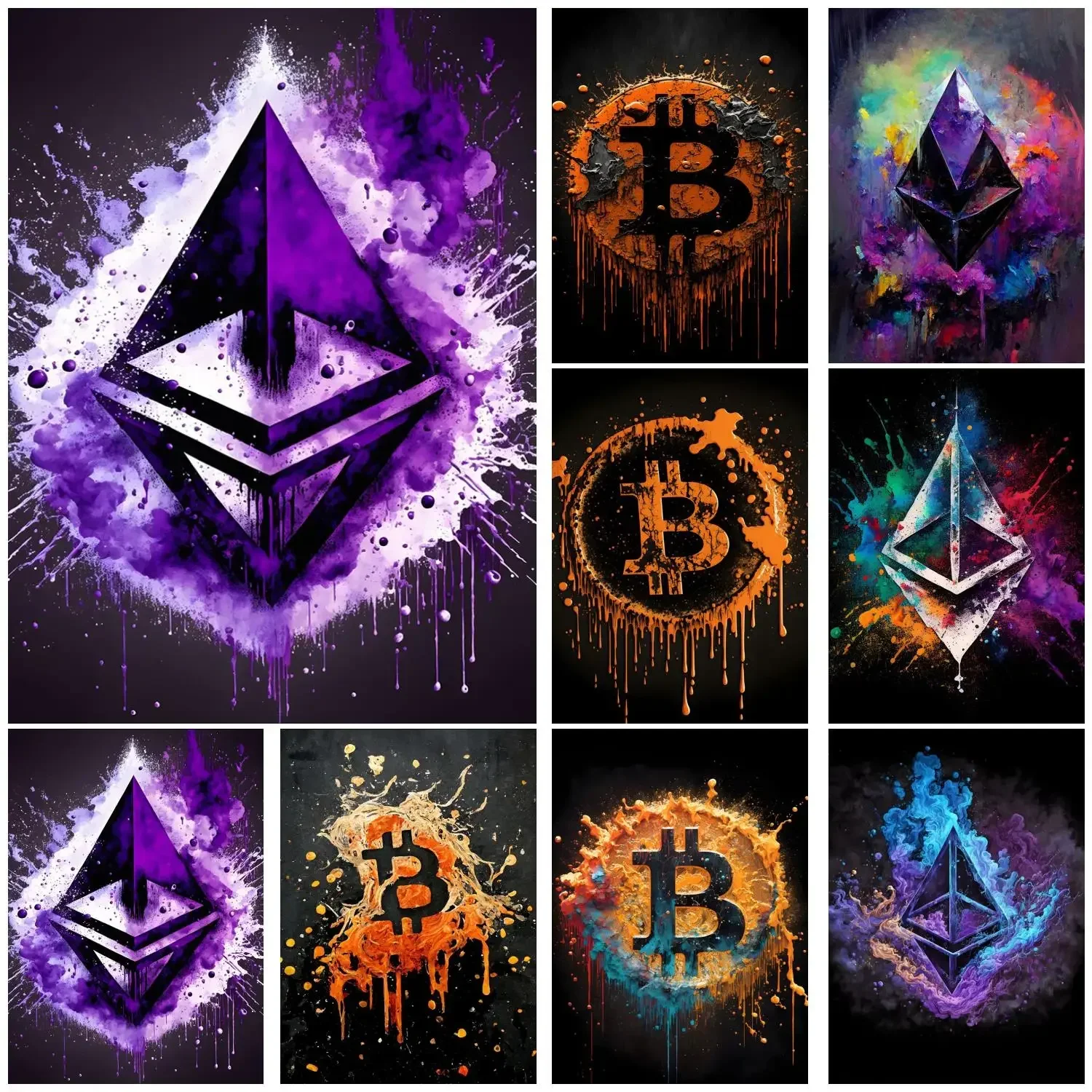 Watercolor Crypto Splatter Bitcoin Ethereum Canvas Poster ETH BTC Crypto Virtual Coins Painting Wall Art For Office Room Decor