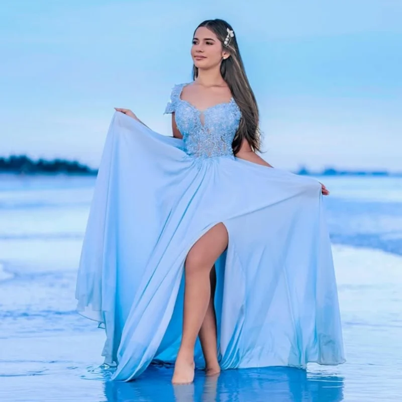 

customized simple sky blue Dresses High Low Cheap Dress Formal Party Prom Tull decal Gowns Wear Gown