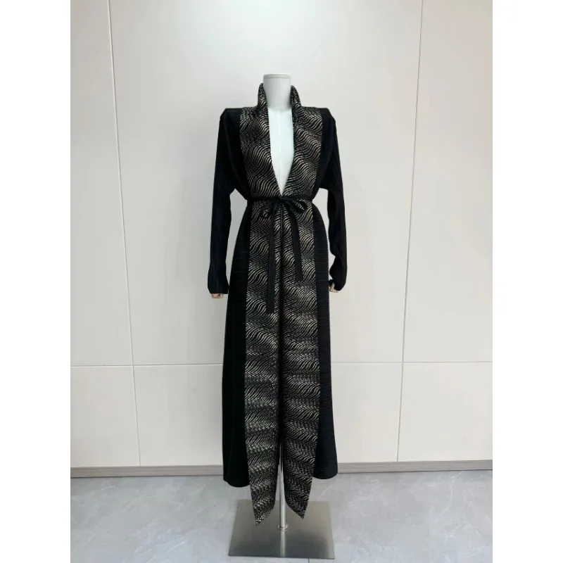 Miyake Pleated High-quality Hot Stamping Design with Collar Long Sleeved Jacket Medium Length Black Luxury Party Women's Robe