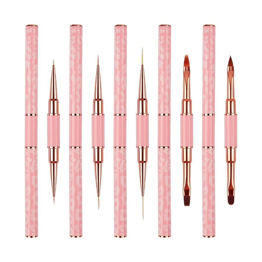 مجموعة فرش فنية احترافية مكونة من 5 قطع مع مقابض معدنية مزدوجة الأطراف - فرش أظافر بطبعة الفهد باللونين الوردي والأبيض مع دائري #1