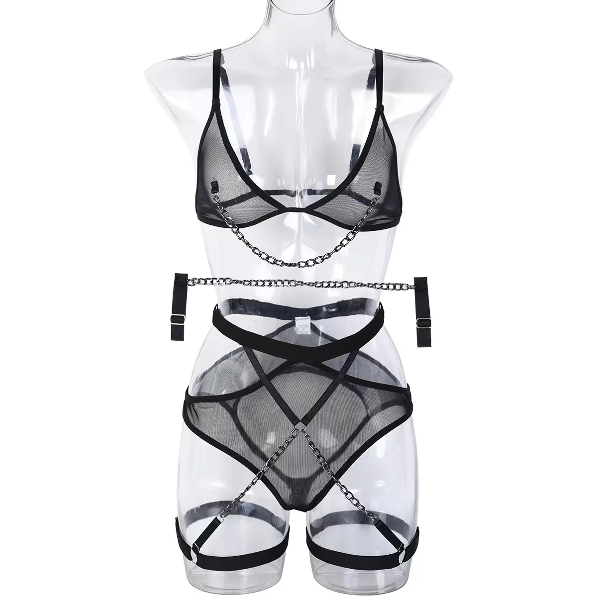 Sexy Uniform Sexy Underwear Thin Mesh Perspective Metal Bracelet Three-piece Set