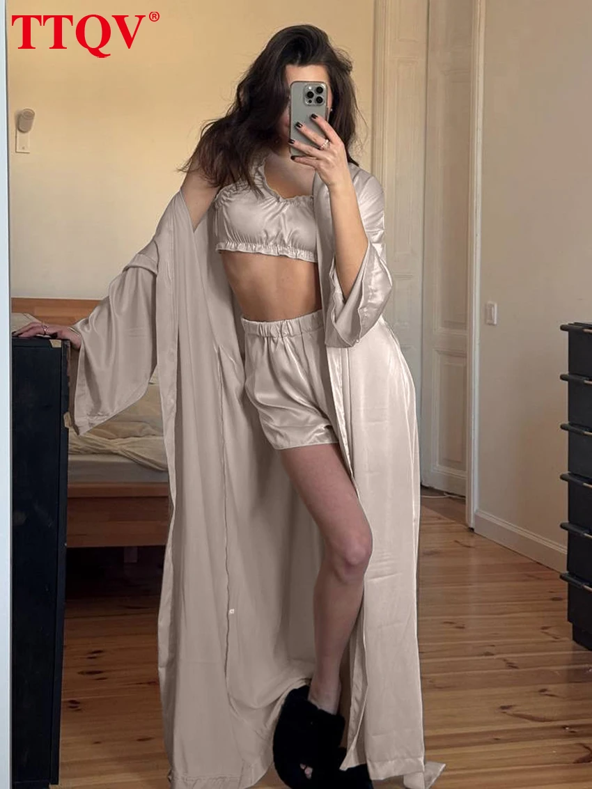 

TTQV Fashion Loose Beige Satin Women's 3 Pieces Set 2026 Elegant Long Sleeve Robes + Tank Top With High Waist Shorts Set Female