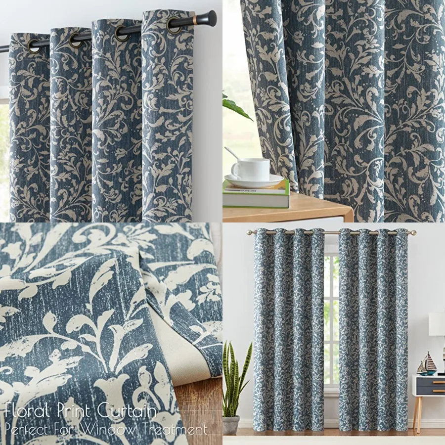 

80 Blackout Curtains for Living Room, Farmhouse Drapes with Scroll Floral Patterned for Bedroom, Grommet Top Thermal Insulated