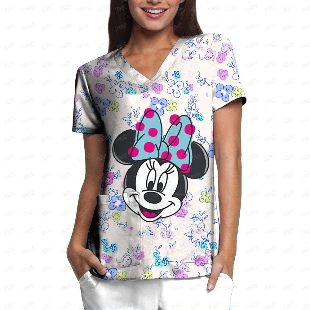 

Scrub Tops Women Short Sleeve V-neck Tops Nurse Uniform Disney Minnie Working Blouse Ladies T-shirts uniforme