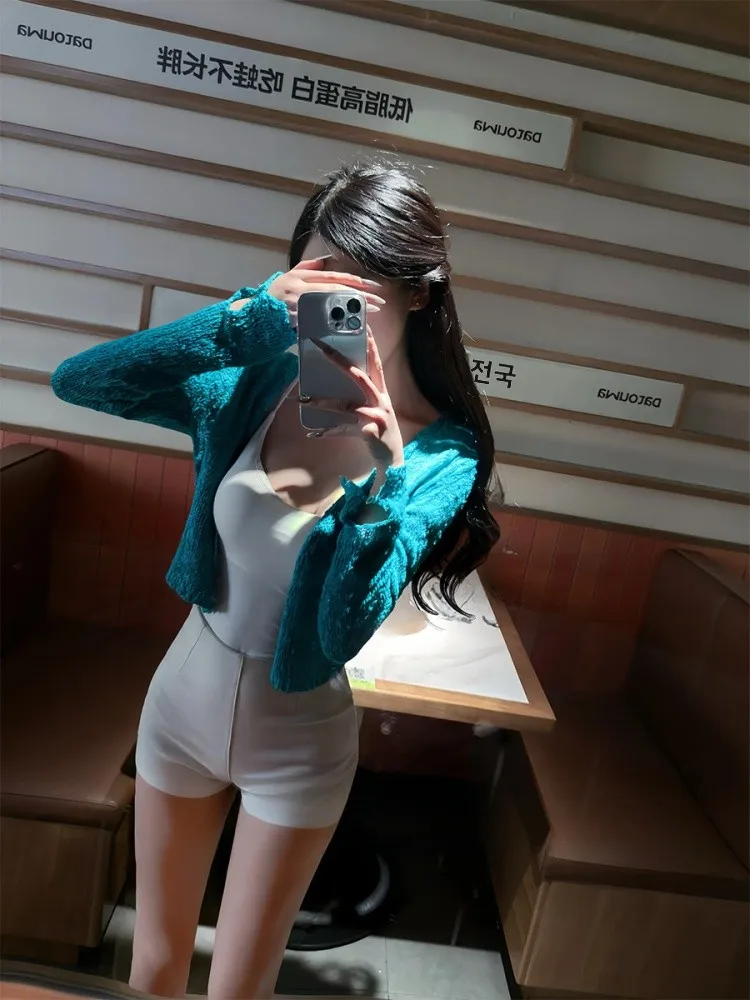 

Korean Sle Gentle White Slim Fit Knitted Top Women's Summer Faion Bell Sve Sun Protection Open Cardigan Street Sle V...