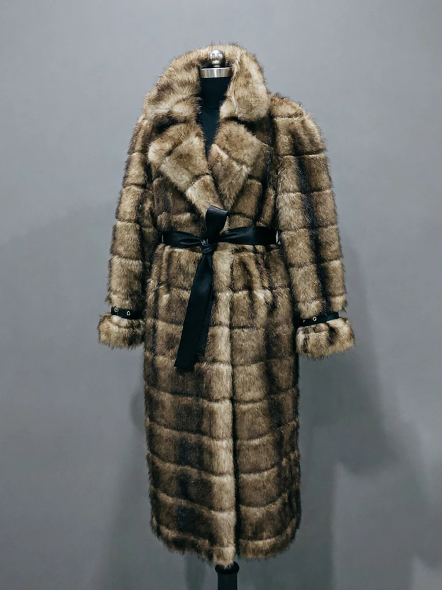Nerazzurri Winter Long Oversized Striped Thick Warm Fluffy Faux Sable Fur Coat Women Shoulder Pads High Quality  Furry Overcoat