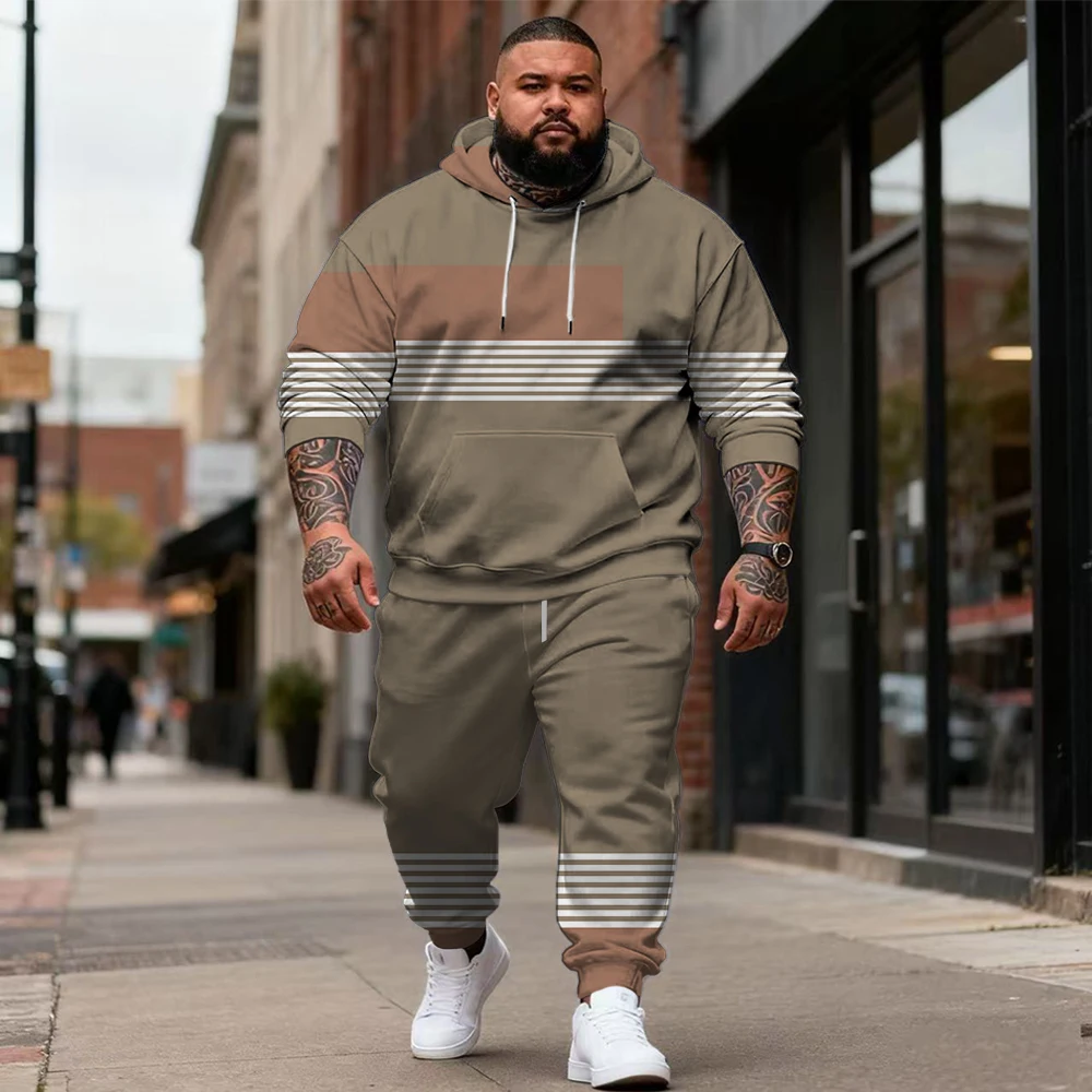 

S-9xl plus size Big & Tall Men's Hoodie Set: Plaid Lines - 2-Piece Wear, Breathable Material, Stylish Designs