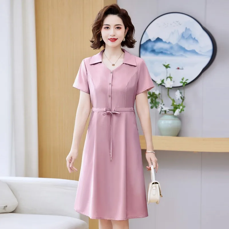 Summer Fashion Solid Shirt Dress coulisse in vita prendisole abiti eleganti Work Vestido A Line Holiday Robe Female