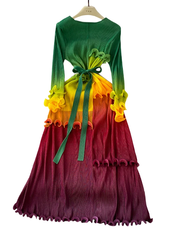 E Vestido Largo de Noche para Mujer, Vestido de Cintura Alta con Corte en A, Cuello Redondo, Color Deadado, con Deco...