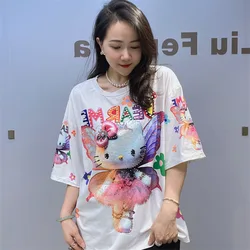 Casual Cartoon Kawaii Printed T-shirts for Women Summer Clothes Fashion Beading O-Neck Short Sleeve Tops Ladies T Shirt Femme