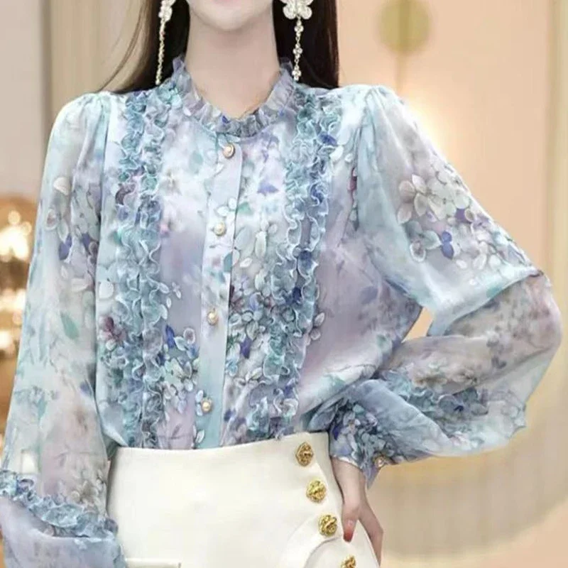 

Women Clothing Shirts for Women Vintage Floral Print Ruffle Shirt Chic Long Sleeve Chiffon Blouse Spring Female Casual Loose Top