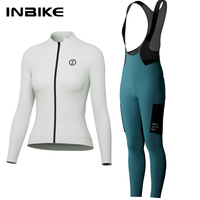 INBIKE Warm Thermal Cycling Bib Set for Women Fleece Biking Clothing Jersey with Pockets Windproof Road Bike Pants MTB Clothing