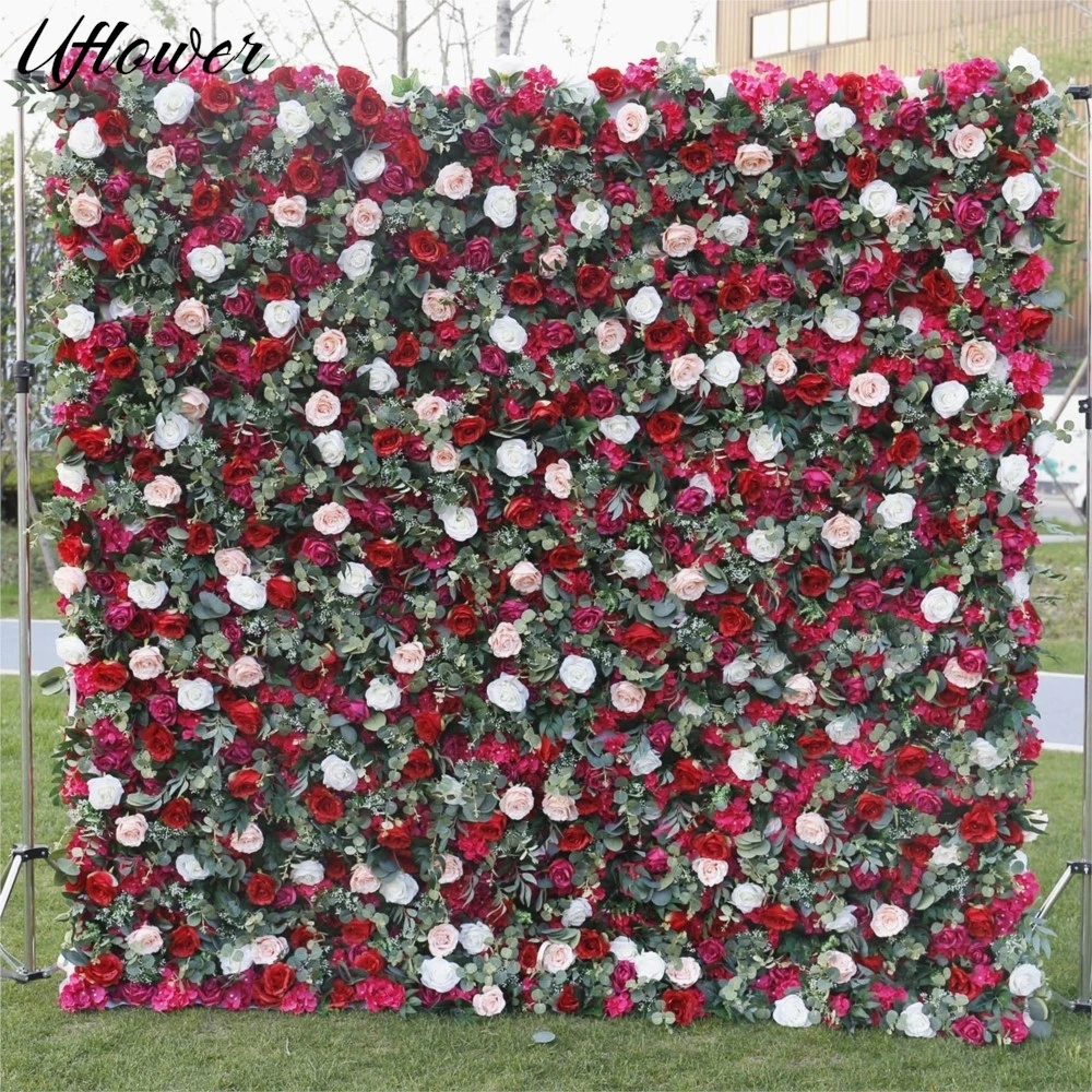 

Uflower 5D Red Rose Greenery Artificial Flower Wall Fabric Cloth Roll Up Floral Wall Wedding Party Curtain Backdrop Decor Prop