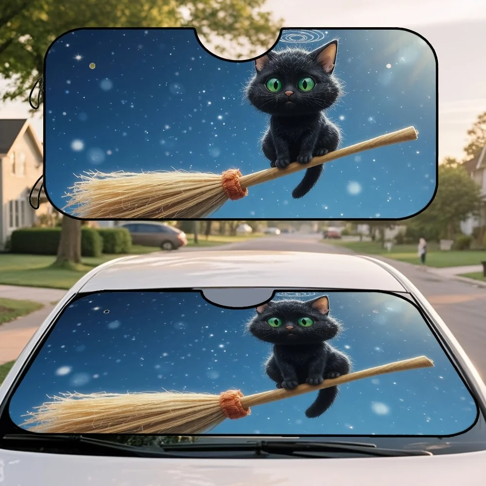 

1 шт., солнцезащитный козырек на переднее окно автомобиля на Хэллоуин с креативным мультяшным принтом черного кота, метлы и звезд, складной и простой в использовании, идеально подходит для