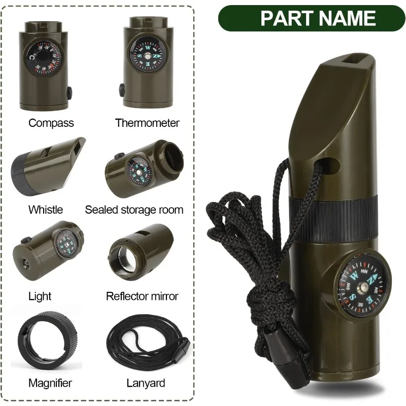 Seven-in-one Whistle Multifunction High-Frequency Loud Survival Whistle Rescue Whistle Outdoor Camping Emergency Compass