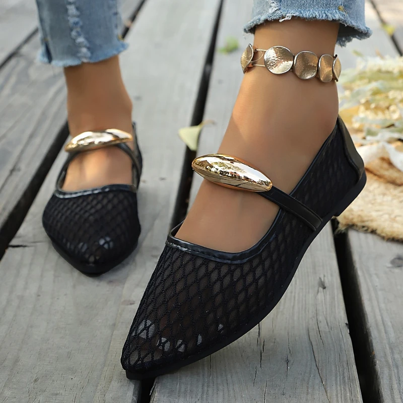 Women's High-Quality Black Mesh Ballet Flats, 2026 Summer Flat Hollowed-Out Mesh Breathable Buckle Shoes, Fishnet Sandals