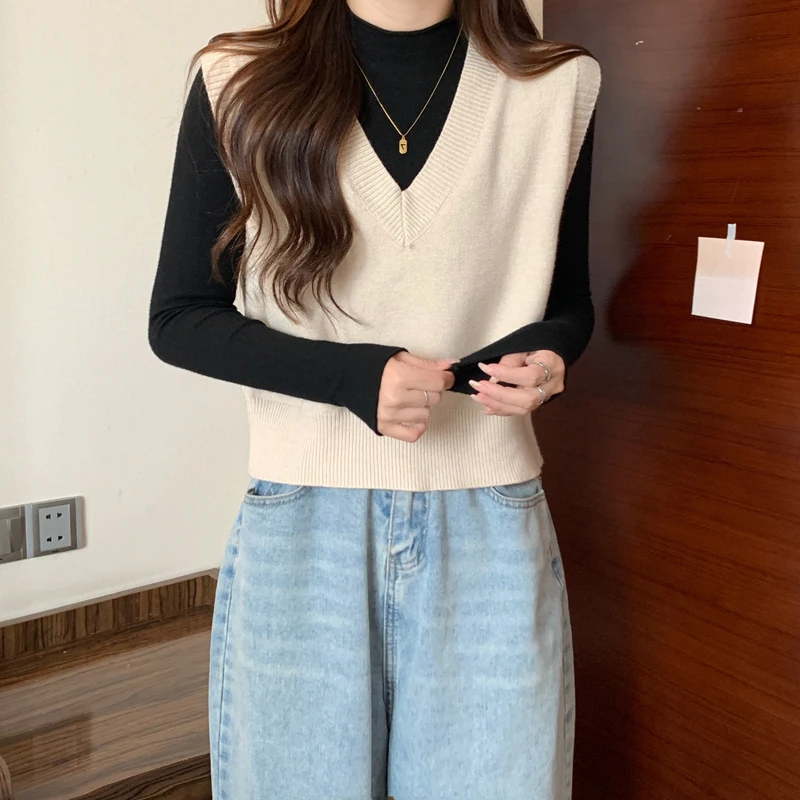 Gilet tricoté ample pour femmes, grande taille, vêtements d'intérieur v-ne, T-irt, haut d'automne, vêtements d'extérieur polyvalents