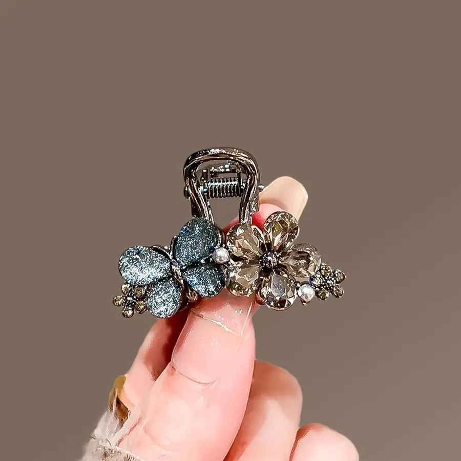 Vintage Flower Rhinestone Mini Hair Claw Women, Luxury Blue Glaze Crystal Shark Clip, Elegant Hairpin, High-end Hair Accessories