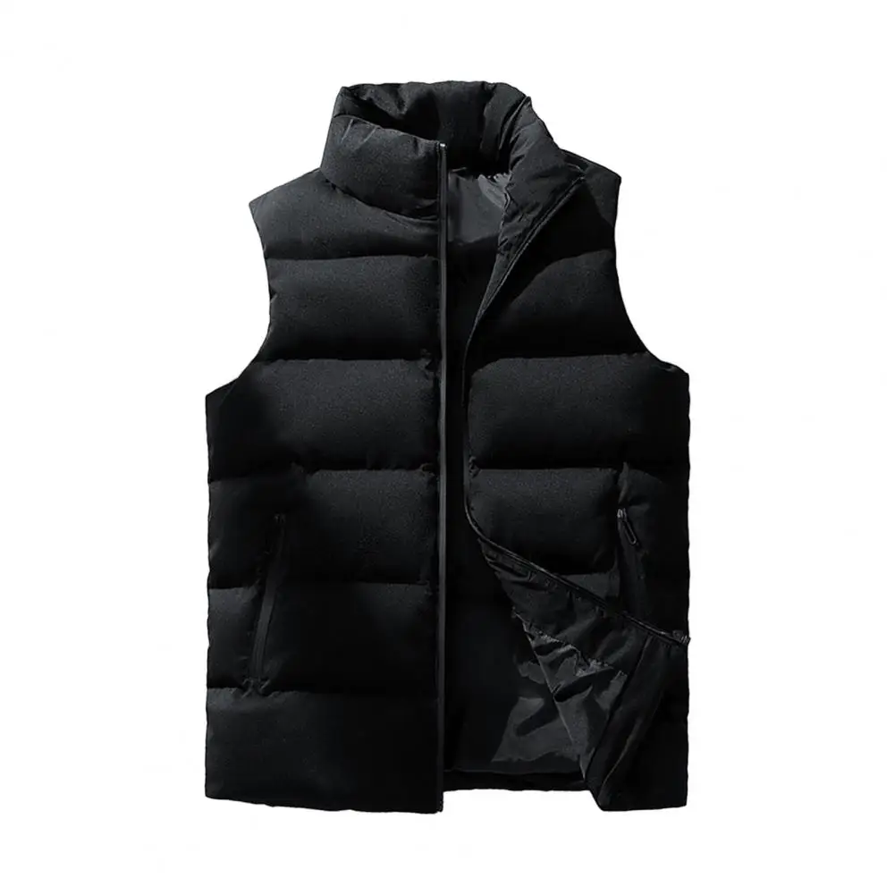 Windproof Vest Outwear Men's Sleeveless Stand Collar Vest with Zipper Closure Pockets Solid Color Windproof Outwear for Thin