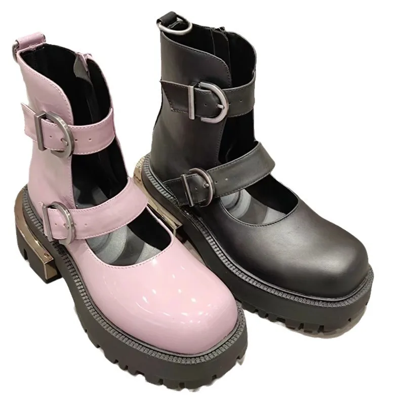 

2025 New Patent Leather Round Toe Hollow Platform Mid-Calf Women Boots Chunky High Heels Buckle Strap Design Marry Jane Shoes