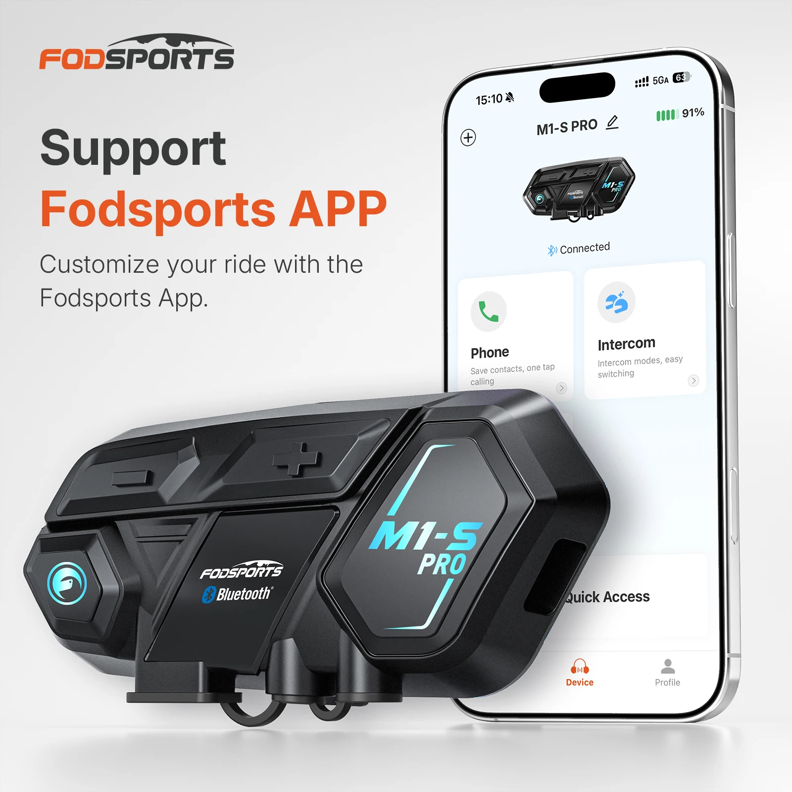 Fodsports M1-S Pro Motorfiets Intercom Bluetooth Helm Headset, Moto Communicator BT Interphone, 10 Rijders 2000M, Ondersteunt APP.