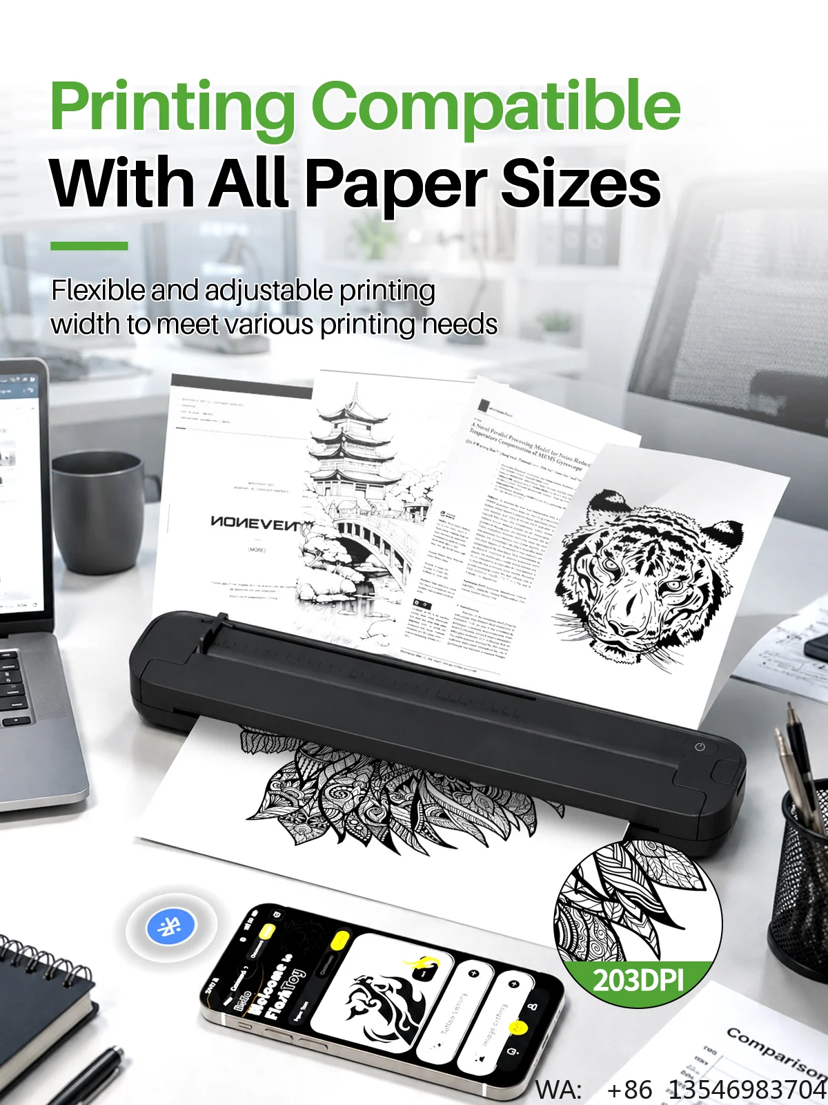ST81 Compact Lightweight 8 Inch A4 Wireless Printer,  Inkless Thermal Machine, Variable Print Width for Tattoo