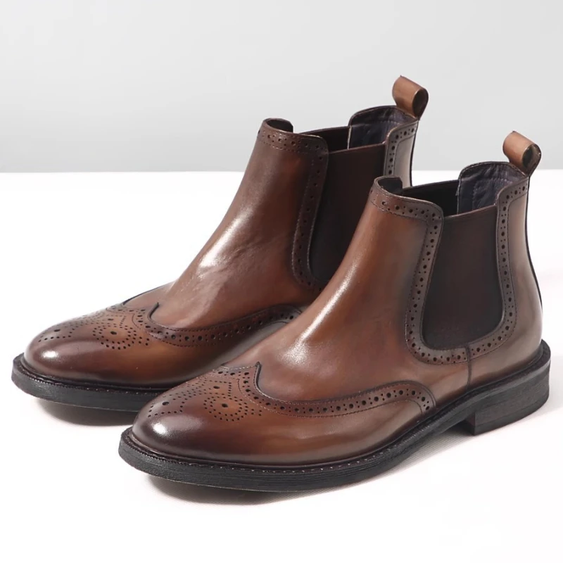 2026 Winter Mens Warm Chelsea Boots Luxury Handmade Genuine Leather Daily Outdoor Fashion Elegant Ankle Brogues Shoes for Male