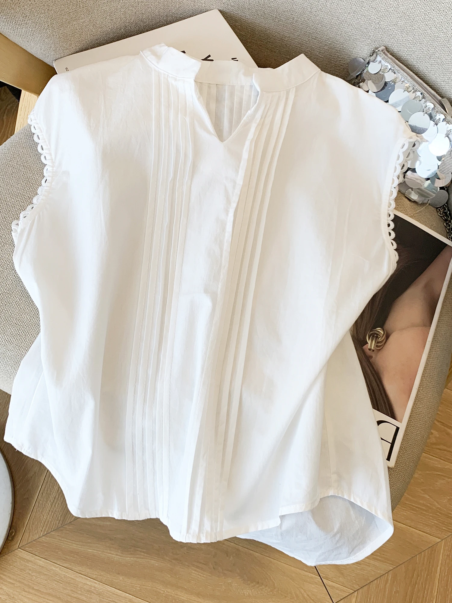 Design Sensation Plissee Rüschen V-ne Svel Leinen Damen Sommer Neue Sle Pendeln Vielseitige irt Flachs Top