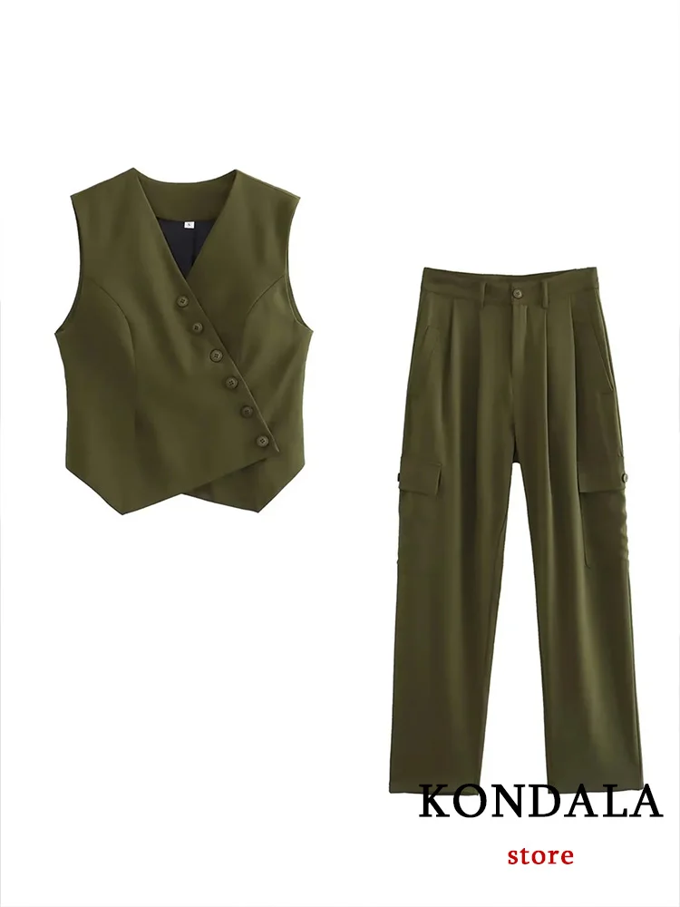 KONDALA Vintage Green Solid Chic abito da donna con scollo a v senza maniche Blazer + pantaloni larghi dritti New Fashion 2023 Summer Office Set