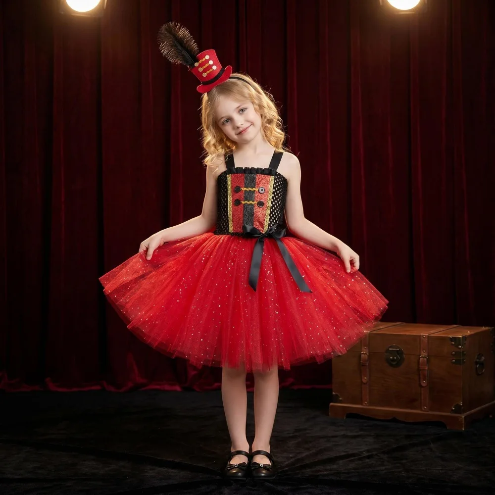 Children Circus Magician Style Mesh Tutu Dress With Headband Set Halloween Carnival Role Play Stage Performance Fancy Clothing