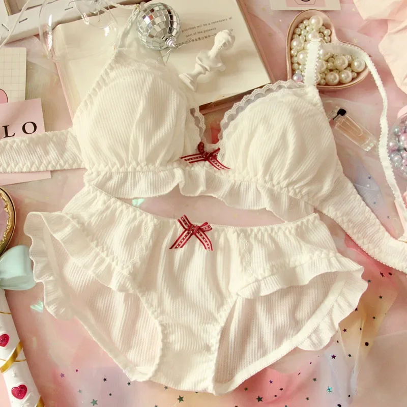 Japanese Chiffon Cute Bra & Panties Set Ruffles Wirefree Soft Underwear Sleep Intimates Set Kawaii Lolita Women Underwear Set