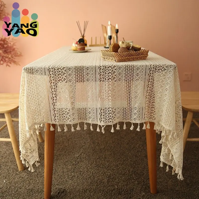 Hollow Out Lace Table Cloth Off White Fringe Edge Crochet Tabletop Cover   Homestay Home Furnishings Decorative Tablecloth