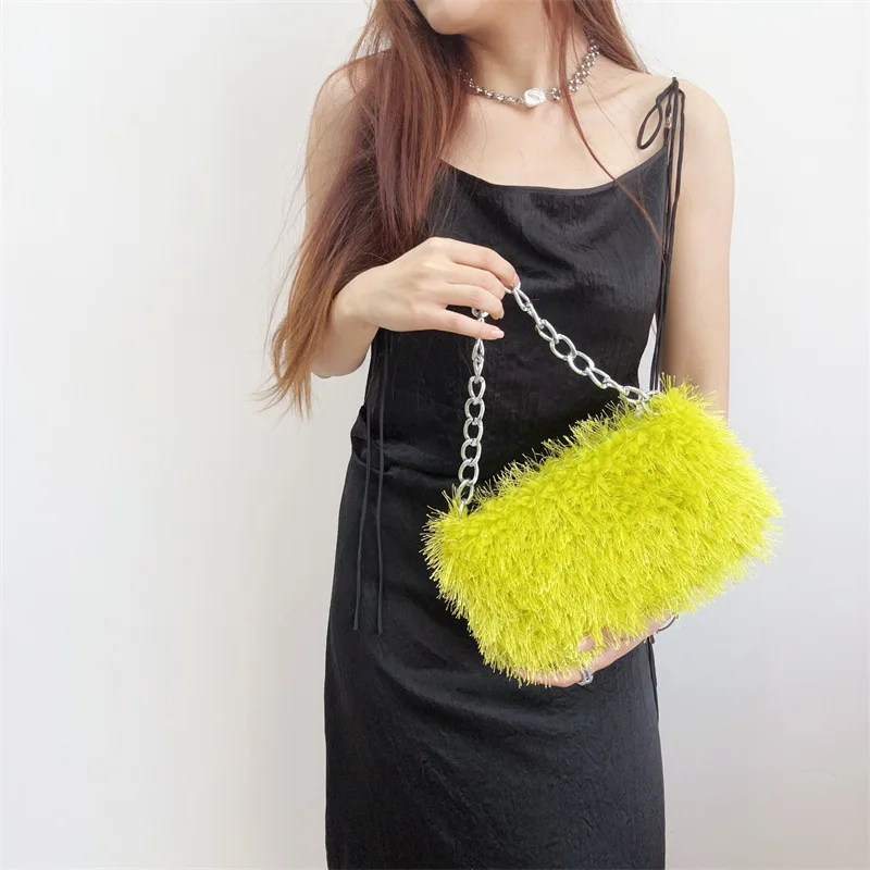 Fashion Candy Color Imitation Fur Fluffy Handbags Silver Color Chain Shoulder Bag Underarm Tote bagsn For Women Daily Handbag