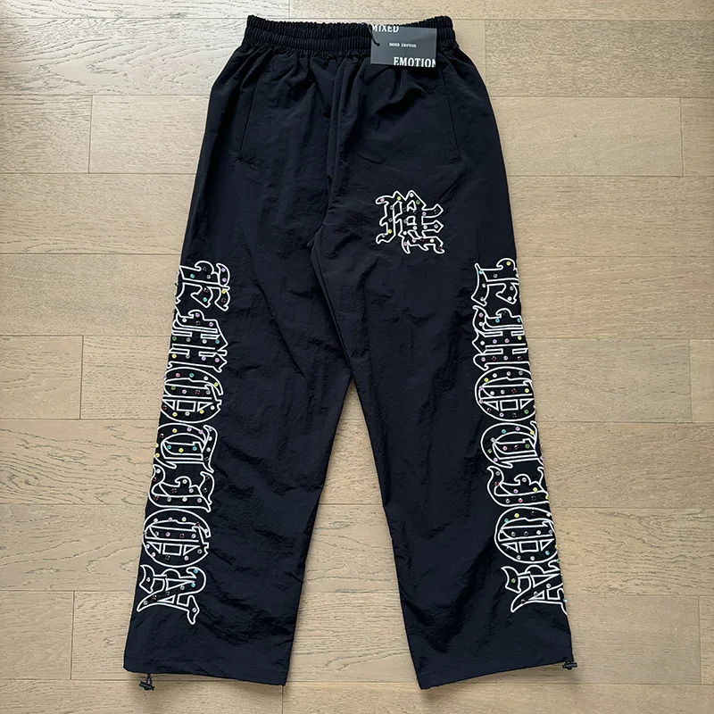 

Shinning Rhinestone Mixed Emotion Sweatpants for Men Elastic Waist Loose Joggers Drawstring Trousers Oversized Loose Pants