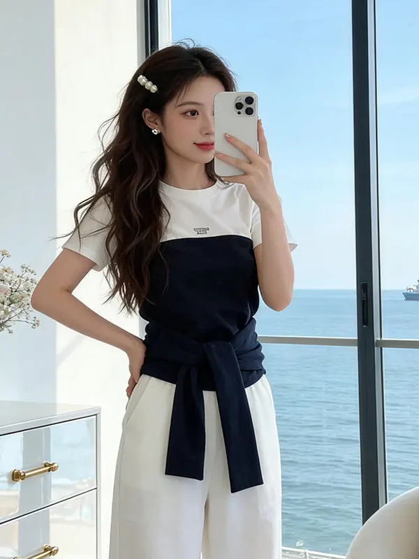 Women's Slim Fit Short Sleeve T-Shirt with Belt Summer New Style Commute Personality Versatile Top Color Block Design Moistur...